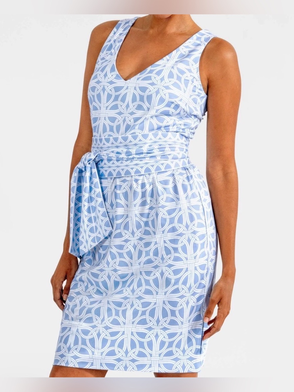 Gretchen Scott Jersey Night Date Dress Blue/White Geometric Knit Tie V-Neck XS